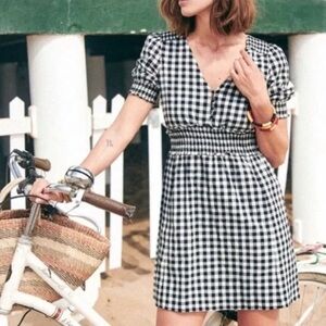 Sezane Sixtine Gingham Cotton Mini Dress Size 36/4 Black White Checked V-Neck